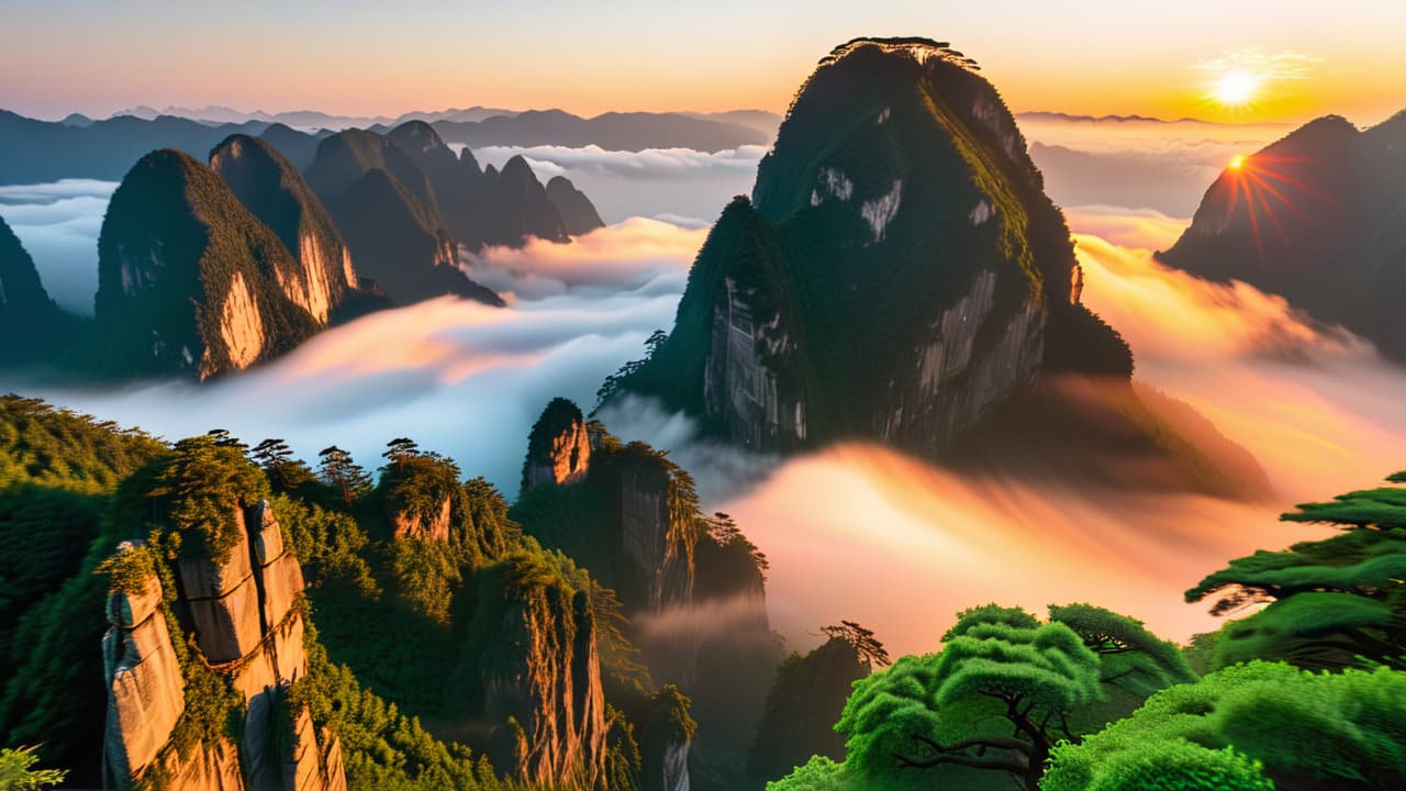  @ image prompt: a stunning landscape collage featuring the majestic yangtze river with its dramatic gorges, the iconic granite peaks of mount huangshan at sunrise, and the towering sandstone pillars of zhangjiajie national forest park, showcasing the breathtaking natural beauty of china. hyperrealistic, full body, detailed clothing, highly detailed, cinematic lighting, stunningly beautiful, intricate, sharp focus, f/1. 8, 85mm, (centered image composition), (professionally color graded), ((bright soft diffused light)), volumetric fog, trending on instagram, trending on tumblr, HDR 4K, 8K