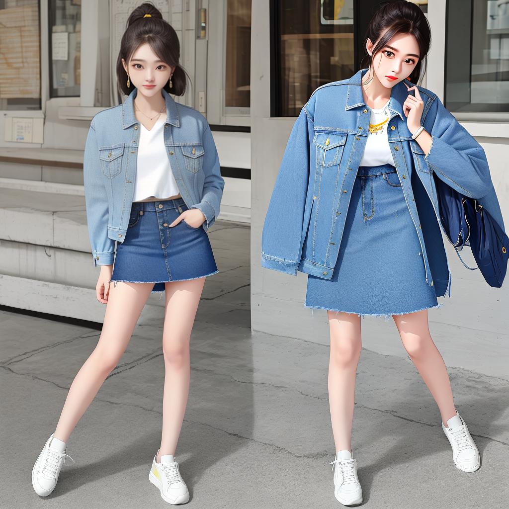  masterpiece, best quality,Denim Blue Jean Cropped Jean Jacket, White Polo Shirt, Yellow Pleased Mid Calf Skirt, Casual White Sneakers,