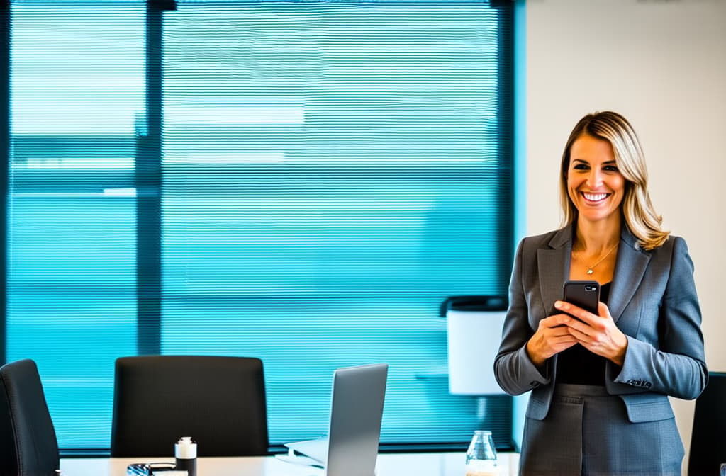  professional detailed photography, portrait of smiling businesswoman standing in open plan office. holding phone. minimalism style. happy female professional executive manager, financial banking or marketing data. ar 3:2, (muted colors, dim colors, soothing tones), (vsco:0.3)