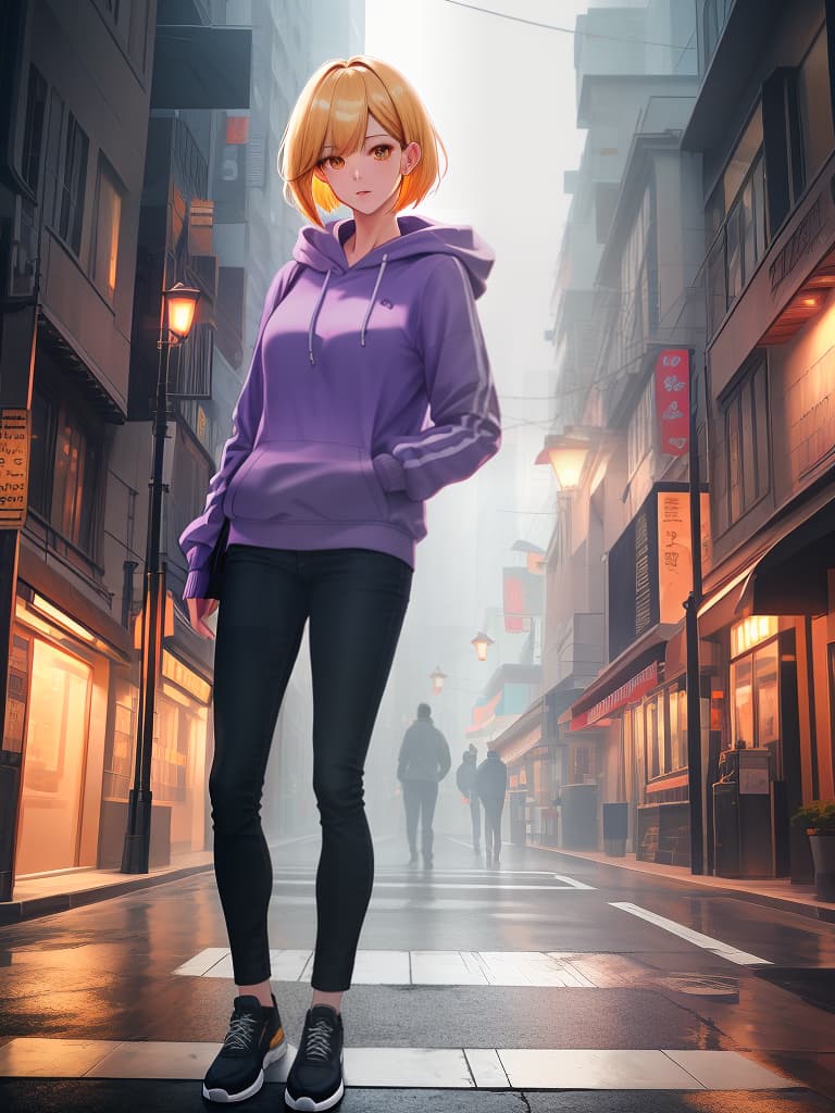  short bob, cool system, boyish, blond, casual, sporty outdoor, hoodie, upper body only, skinny pants, singer, street, orange eye, active, purple, small milk, singing., masterpiece, best quality,8k,ultra detailed,high resolution,an extremely delicate and beautiful,hyper detail hyperrealistic, full body, detailed clothing, highly detailed, cinematic lighting, stunningly beautiful, intricate, sharp focus, f/1. 8, 85mm, (centered image composition), (professionally color graded), ((bright soft diffused light)), volumetric fog, trending on instagram, trending on tumblr, HDR 4K, 8K