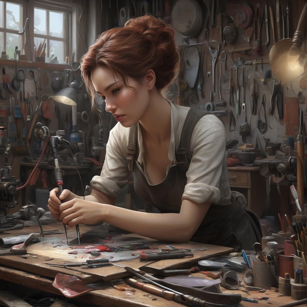  concept art lifehack, repair, women, workshop . digital artwork, illustrative, painterly, matte painting, highly detailed