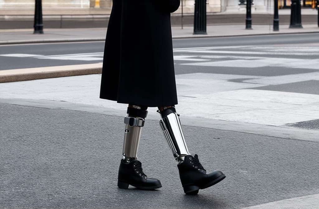  a woman with a prosthetic leg walks along a city sidewalk. minimalism style ar 3:2 {prompt}, maximum details