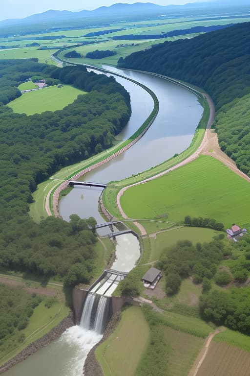  an advanced, harmonious scene of rural development with a large dam in the background, surrounded by lush forests, sustainable agriculture fields, and smart irrigation systems powered by solar panels. farmers are seen using digital devices like tablets to monitor water levels and manage crops. in the background, satellites and drones fly overhead, capturing data for environmental monitoring, while iot sensors are installed near the dam and in the fields. there is collaboration between farmers, government officials, and private sector representatives, symbolizing a strong partnership for water and land management. the environment reflects balance, technology, and nature, under a bright sky, advertising photo,high quality, good proportion, m