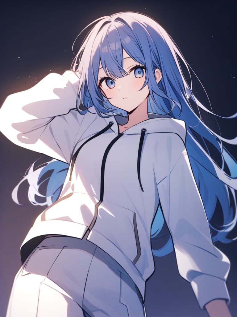  serizawa kasumi,super real mahjong p3,blue hair,medium long hair,blue clothes,white hoodie jacket,white shoot pants