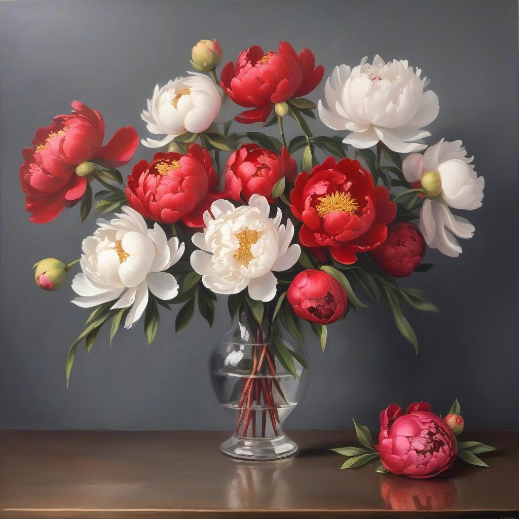  red and white, by c f. white peonies and red peonies in a vase on the table, dark grey wall. still life, oil on canvas.