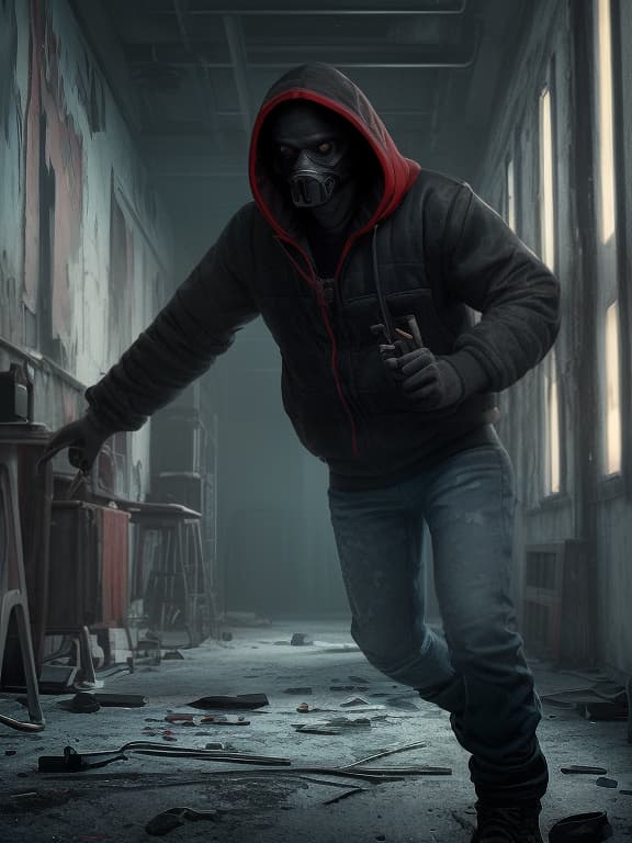  the main character in a hood, in jeans young in a red jacket, runs from the dark silhouette of a man, a dark silhouette pursues him holding a flashlight in his hand, he is in an abandoned laboratory in the arctic, (extremely detailed oil painting:1.2), glow effects, godrays, hand drawn, render, 8k, octane render, cinema 4d, blender, dark, atmospheric 4k ultra detailed, cinematic sensual, sharp focus, humorous illustration, big depth of field, masterpiece, colors, 3d octane render, 4k, concept art, trending on artstation, hyperrealistic, vivid colors, extremely detailed cg unity 8k wallpaper, trending on artstation, trending on cgsociety, intricate, high detail, dramatic