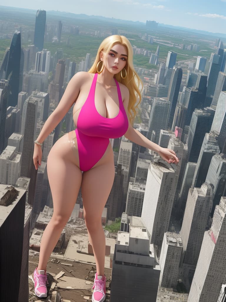  masterpiece, best quality, a giantess with arched eyebrows and a smirk, wearing a hot pink solid color one piece with high cut legs and side , stands among the destruction of a city. her huge s and wide hips contrast with her sneakers, hoop earrings, and long blonde hair. the cracks on the ground emphasize her mive size as she looks down at the crushed buildings below. the aerial view captures the full body of the in 8k resolution, creating a best quality masterpiece of destruction and power. (photography, dramatic lighting, high resolution camera settings)