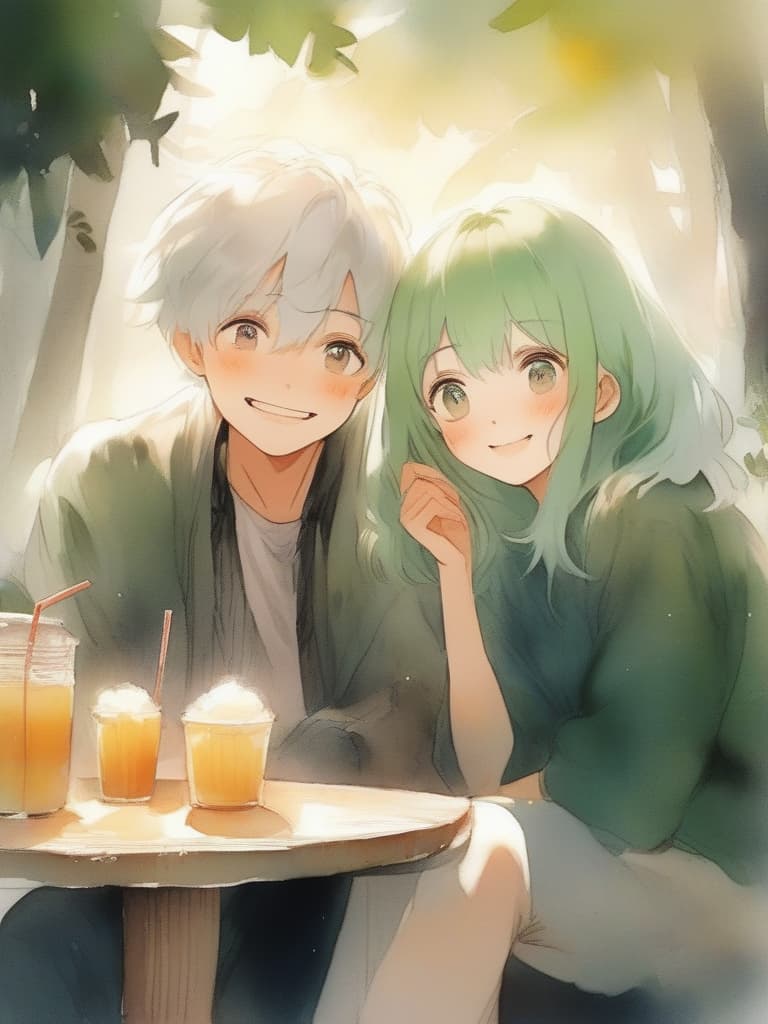  masterpiece,happy couple,young lovers,{(white hair color girl with bobbed hair) and ((green hair color boy))},sitting side by side,happy smiling,eating sweets,drinking juice,happy💕,high quality,16k