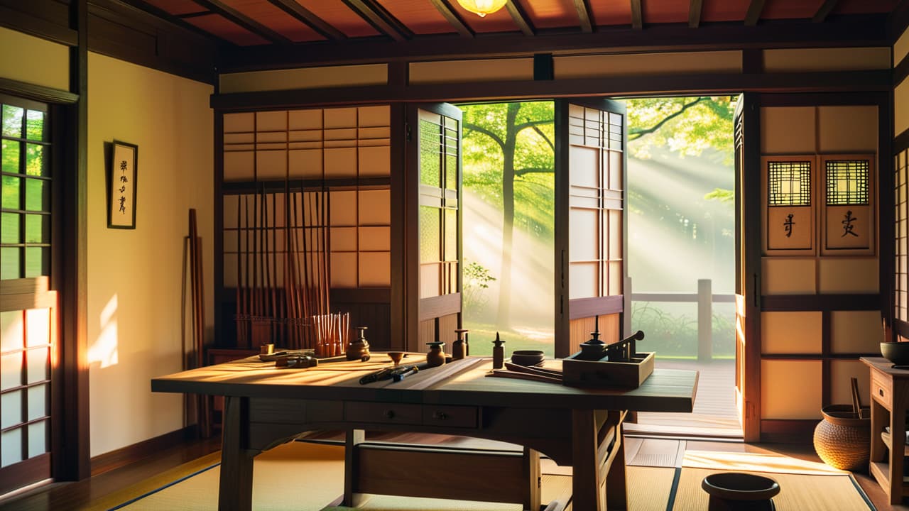  a serene japanese workshop, showcasing intricate wooden joints like dovetails and mortise and tenon, with traditional tools neatly arranged. sunlight filters through shoji screens, illuminating the craftsmanship on a polished wooden workbench. hyperrealistic, full body, detailed clothing, highly detailed, cinematic lighting, stunningly beautiful, intricate, sharp focus, f/1. 8, 85mm, (centered image composition), (professionally color graded), ((bright soft diffused light)), volumetric fog, trending on instagram, trending on tumblr, HDR 4K, 8K