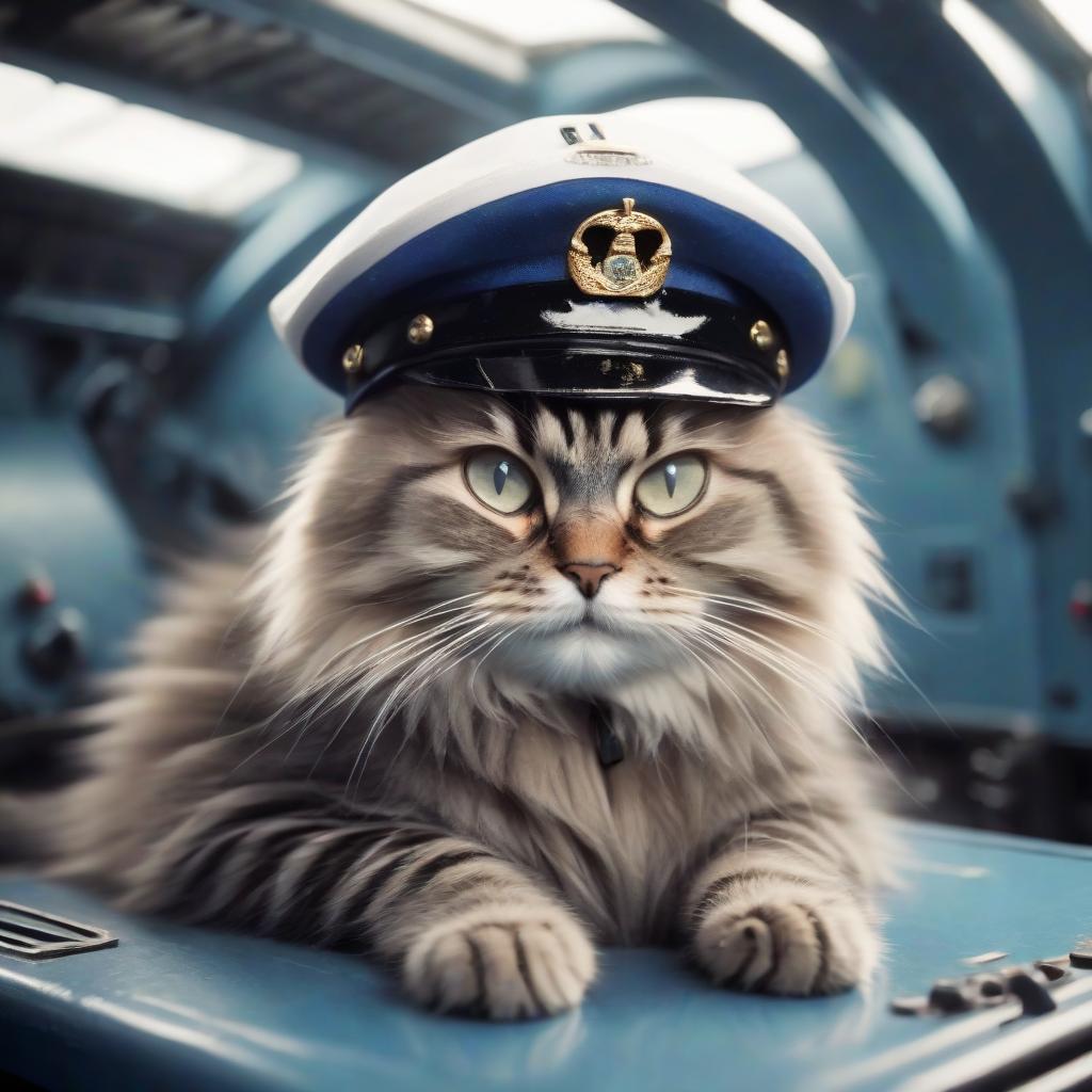  siberian cat in a cap in a submarine