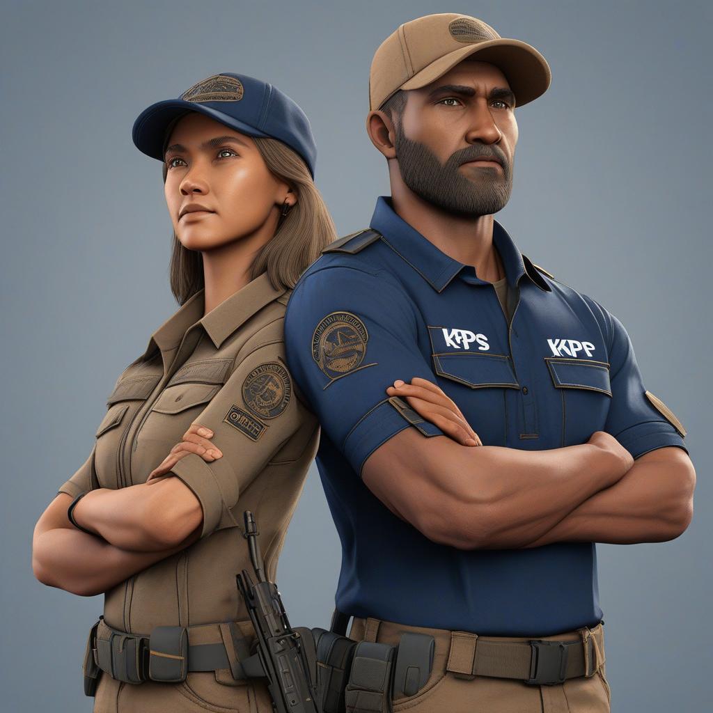  masterpiece, best quality, a man and a woman with their backs to each other, arms crossed, wearing a dark blue tactical shirt that says KPPS, wearing a hat that says KPPS, wearing light brown tactical pants and looking forward with a confident gaze, all captured in stunning 8k resolution with intricate detail.