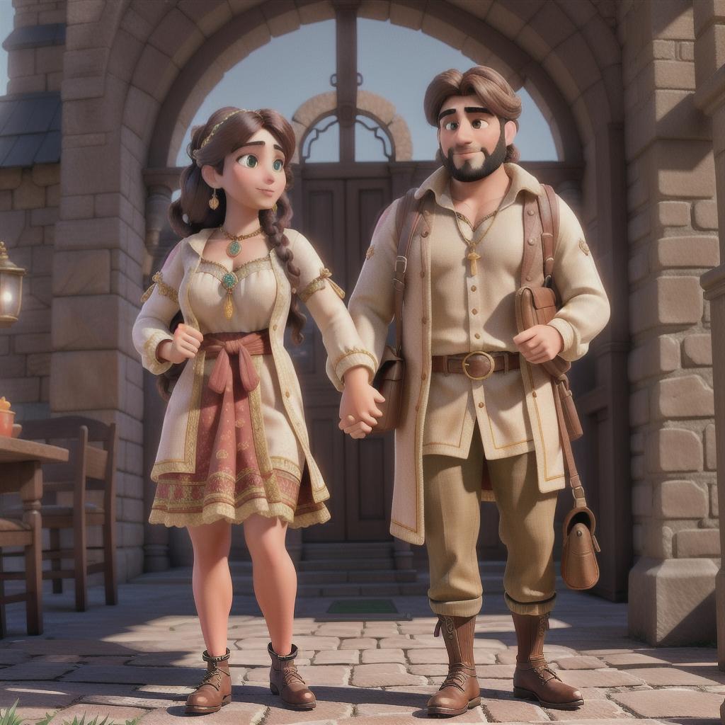  a beautiful gypsy girl and a hunchbacked man in front of a church hyperrealistic, full body, detailed clothing, highly detailed, cinematic lighting, stunningly beautiful, intricate, sharp focus, f/1. 8, 85mm, (centered image composition), (professionally color graded), ((bright soft diffused light)), volumetric fog, trending on instagram, trending on tumblr, HDR 4K, 8K