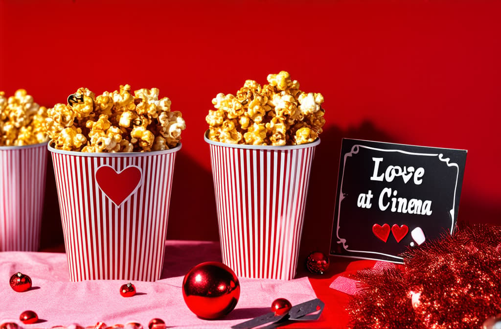  valentine's day magic at the cinema. side view shot captures table set with striped containers holding caramel popcorn, heart ornaments, a love inspired sign, and sprinkles against a vibrant red wall ar 3:2 {prompt}, maximum details