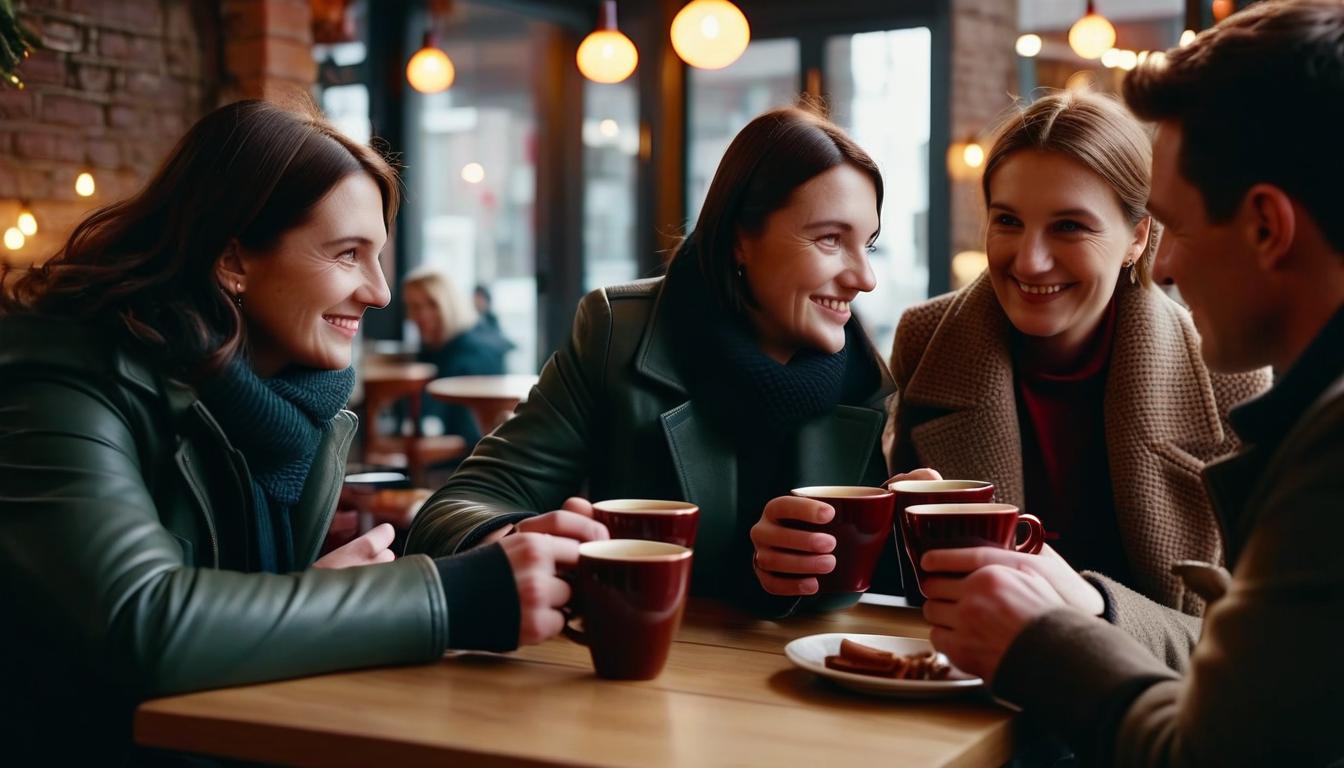  cinematic photo photographic image, autumn, friends: three 3 men aged 40 and 3 three women in a cozy cafe, they are cold, drinking hot mulled wine from cups, and talking, image detailing . 35mm photograph, film, bokeh, professional, 4k, highly detailed, perfect hands