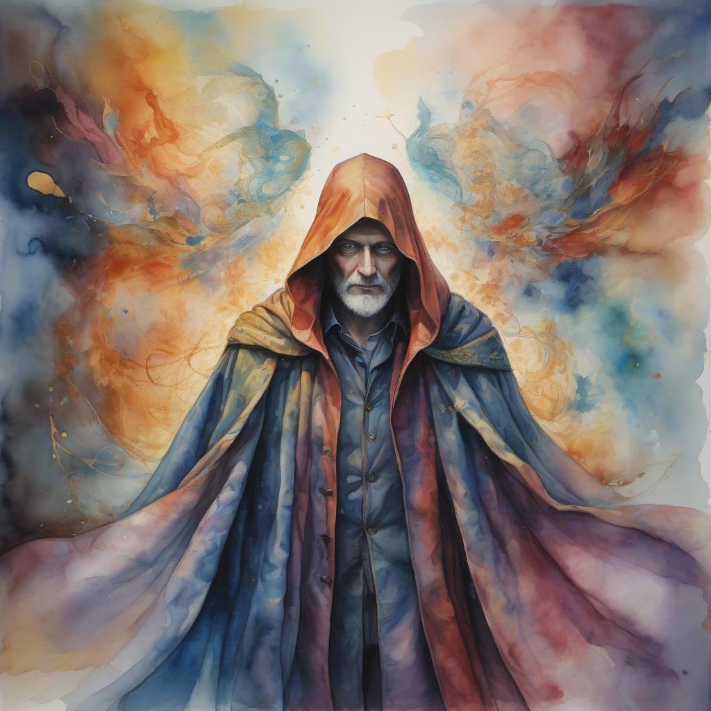  watercolor painting do t in a long cloak with a kind human face whose main superpower is the combination of the two energies of law and the energy of life, through which the successful realization of the plan is combined . vibrant, beautiful, painterly, detailed, textural, artistic