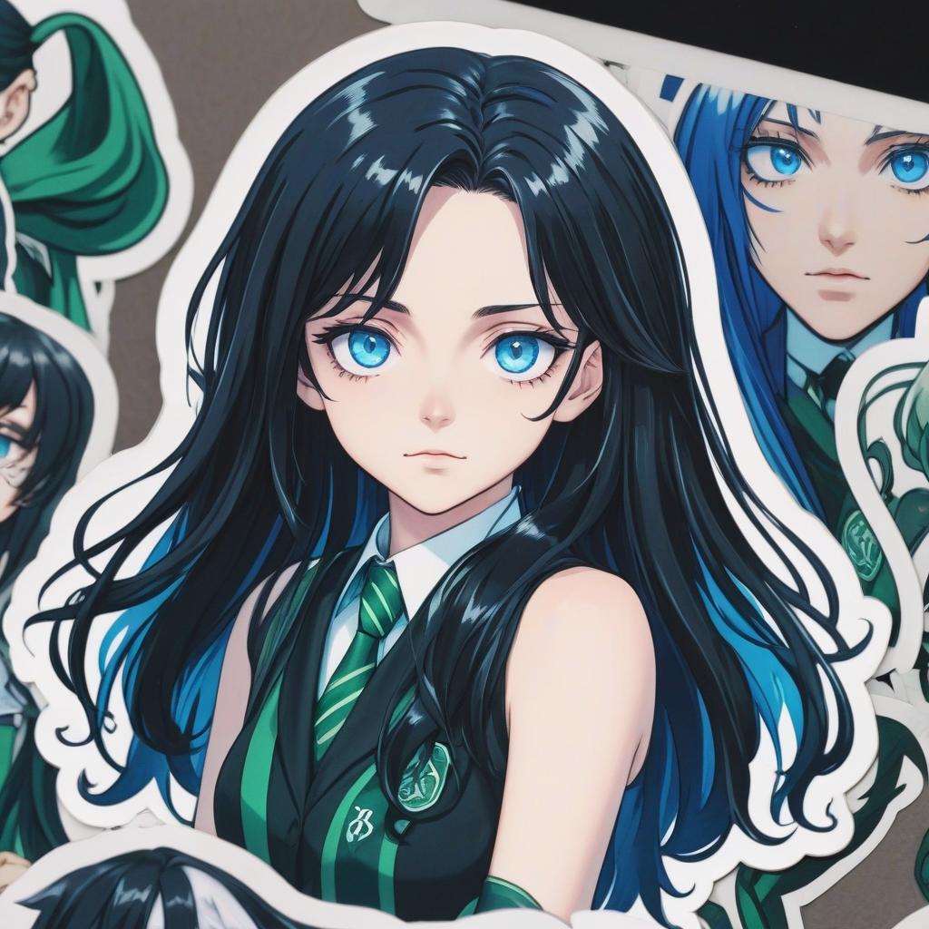  anime artwork girl, long black hair, open forehead, blue eyes, slytherin shape, sticker . anime style, key visual, vibrant, studio anime, highly detailed