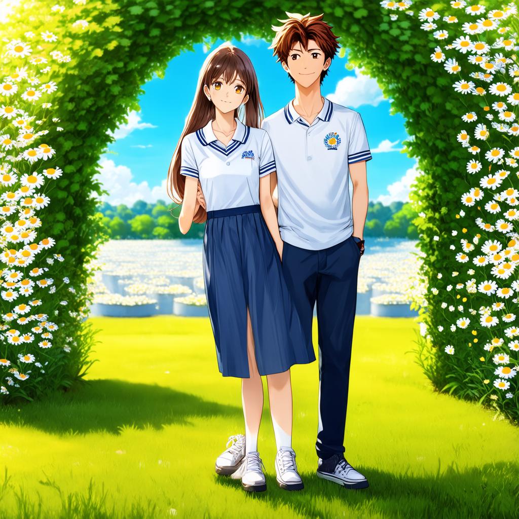  couples pfp, casual clothing, daisy arch background, anime artwork, anime style, key visual, vibrant, studio anime, highly detailed