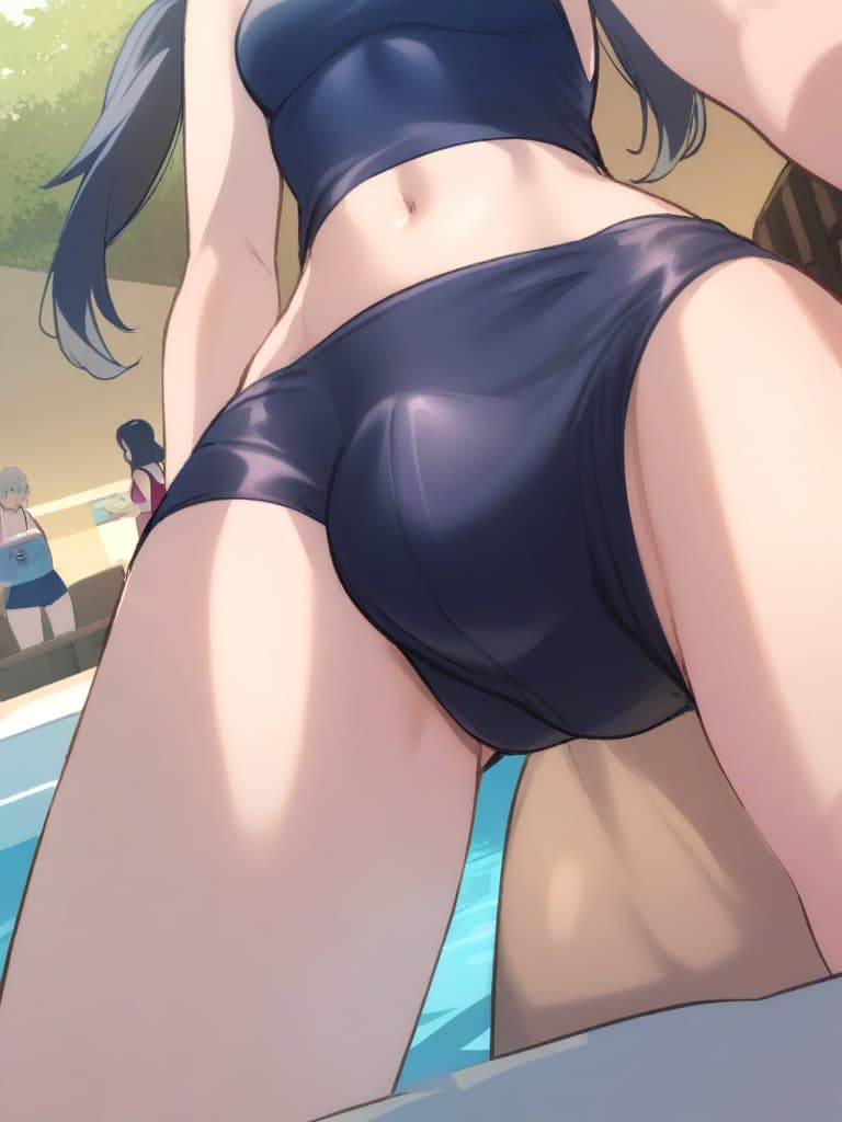  women's elementary students (male), twin tails, cute smiles, (rich s), low stature, dark blue swimwear, old swimwear, , simple (upward), male , (bulge), shaped clear , front , whole body, pool side,