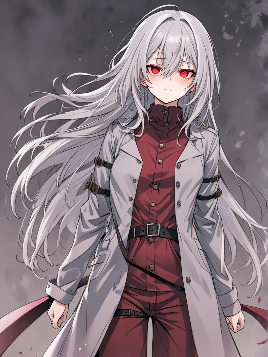  manga artwork create for me a character with anime manga art. a woman with long, frayed silver hair, which even covers her face. she has deep, lifeless red eyes resembling wine. she wears dark dress pants. a red dress shirt with buttons on its front seam, two thin belts under its bust. a light gray lab coat on the shoulders. she walks around with two katanas around her waist.. manga artist. manga, highly emotional. best quality, high resolution