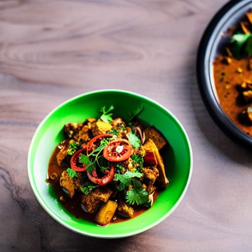  Chicken Curry Fry with Indian masalas and green chilli hyperrealistic, full body, detailed clothing, highly detailed, cinematic lighting, stunningly beautiful, intricate, sharp focus, f/1. 8, 85mm, (centered image composition), (professionally color graded), ((bright soft diffused light)), volumetric fog, trending on instagram, trending on tumblr, HDR 4K, 8K