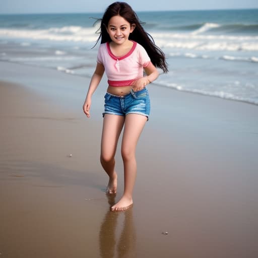  girl child wearing only shorts playing on beach