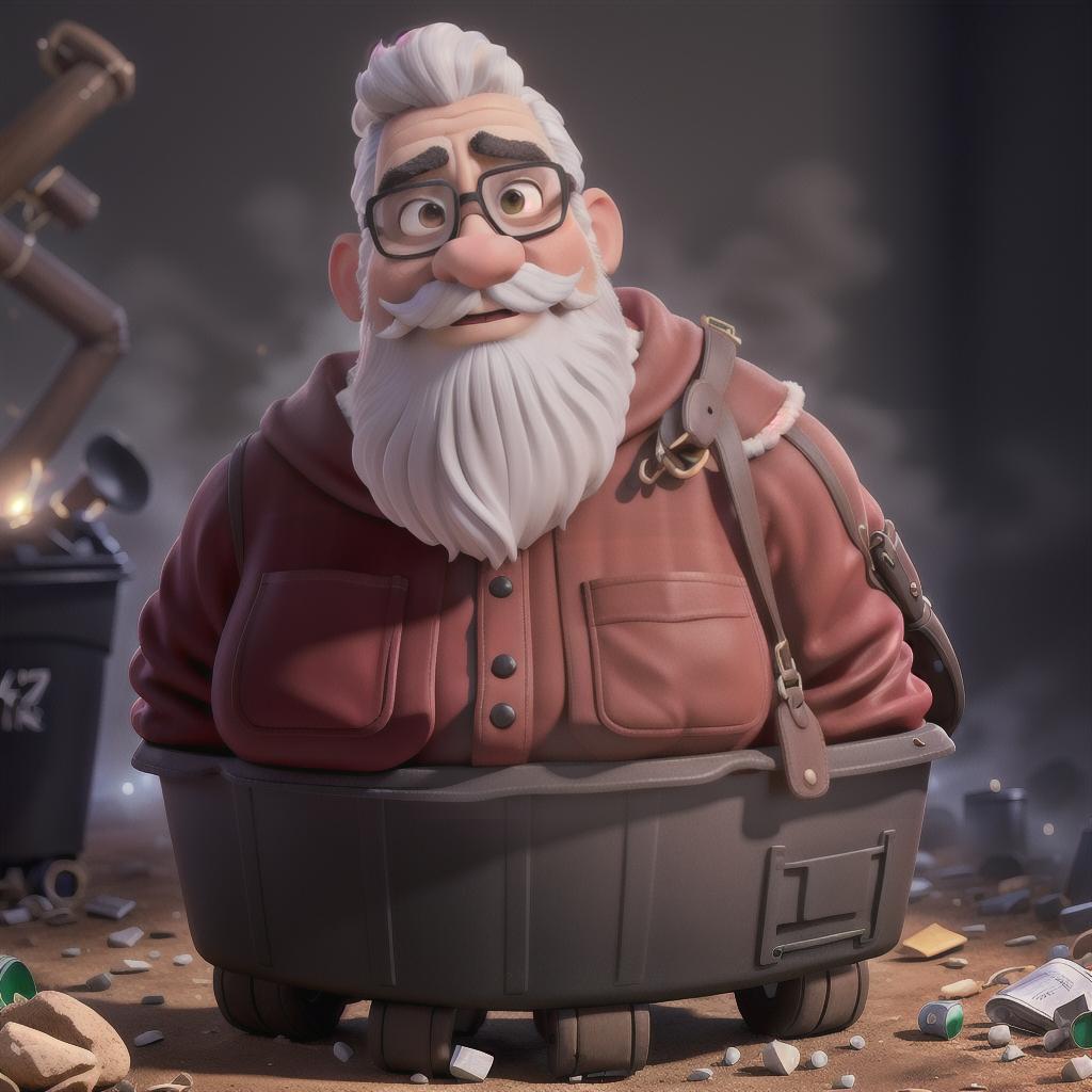  a santa claus with a black mustache and glasses, a landfill, trash cans hyperrealistic, full body, detailed clothing, highly detailed, cinematic lighting, stunningly beautiful, intricate, sharp focus, f/1. 8, 85mm, (centered image composition), (professionally color graded), ((bright soft diffused light)), volumetric fog, trending on instagram, trending on tumblr, HDR 4K, 8K