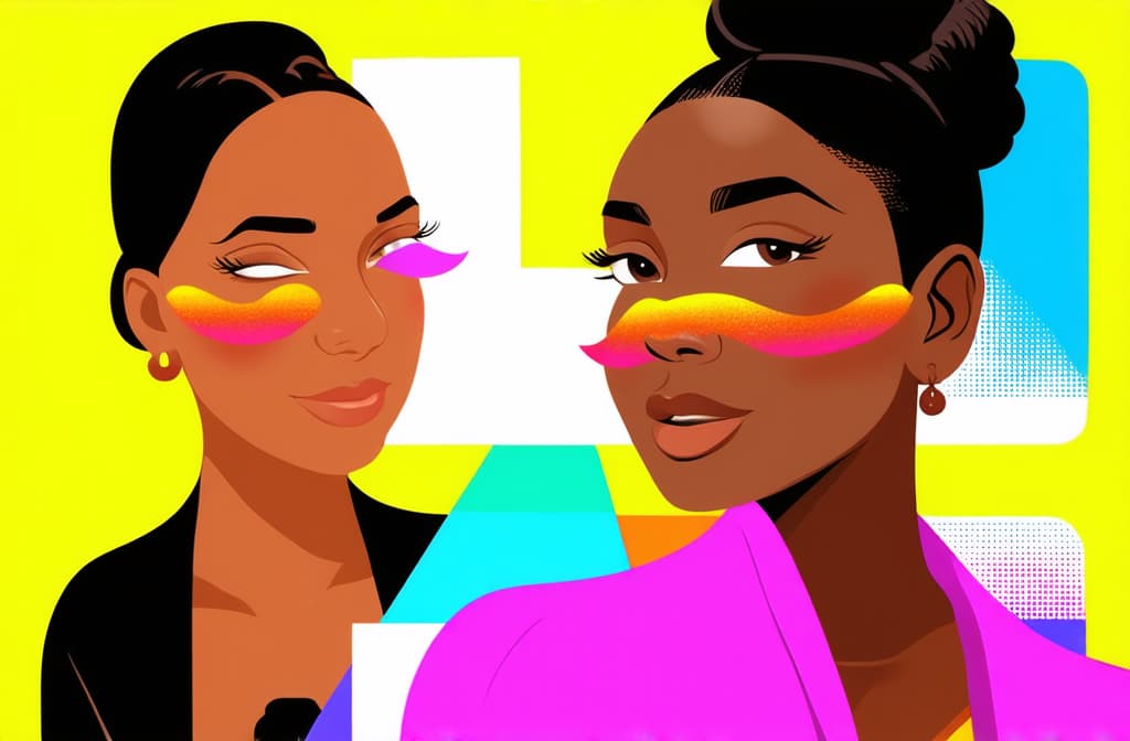  flat illustration, flaticon, (illustration:1.15), rainbow blush on african american cheeks flat design top view fun makeup theme cartoon drawing analogous color scheme ar 3:2, [cory loftis, strobist, pascal campion :: 0.2]