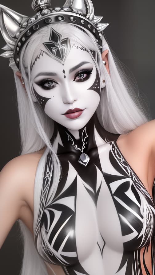  Chessboard check body paint in every corner of the body, Silver body paint all over the body, white face paint on the face, Dark elf 女性