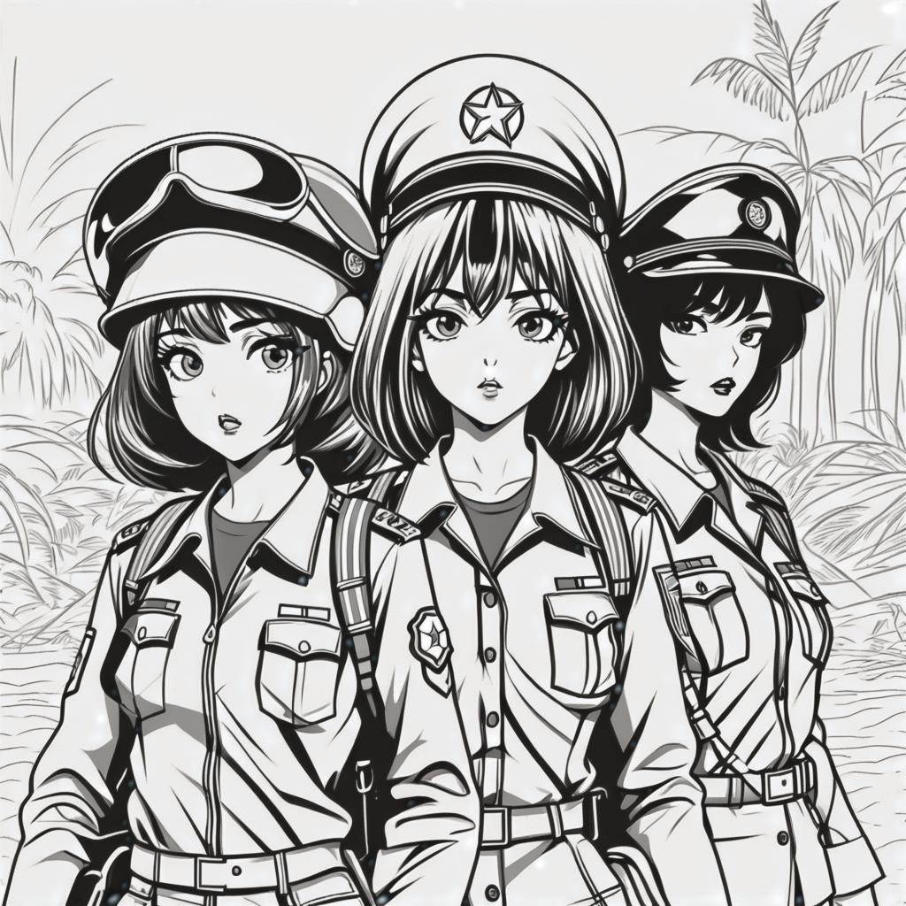  line art drawing vietnam war girls, same nightmare. anime style . professional, sleek, modern, minimalist, graphic, line art, vector graphics