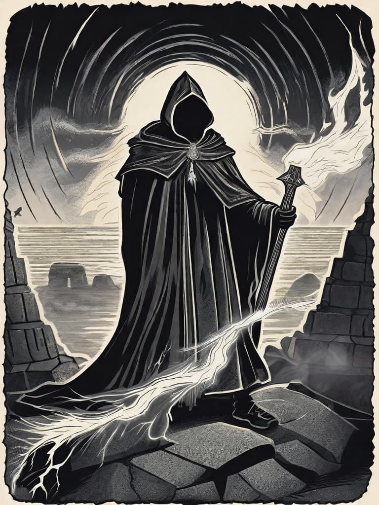  Pagan warlock, facing viewer, wearing a hooded cloak, his face hardened, eyes cold, a scar runs down the left side of his face; standing at an alter, conjuring a fire elemental from within Stonehenge during a thunder and lightning storm