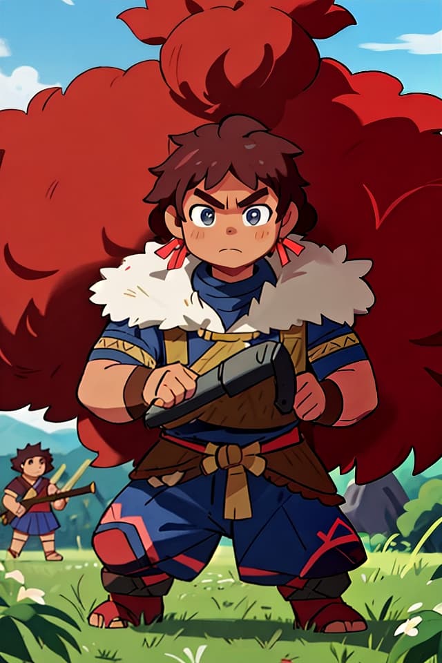  young strong Melanesian Samoan warrior prepares himself for a big battle with another clan of warriors , (anime:1.15), HQ, Hightly detailed, 4k