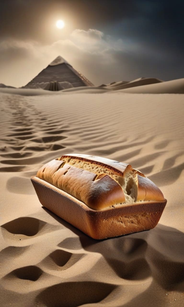  horror themed a piece of bread lies on the sand, with ancient egyptians and prison bars . eerie, unsettling, dark, spooky, suspenseful, grim, highly detailed hyperrealistic, full body, detailed clothing, highly detailed, cinematic lighting, stunningly beautiful, intricate, sharp focus, f/1. 8, 85mm, (centered image composition), (professionally color graded), ((bright soft diffused light)), volumetric fog, trending on instagram, trending on tumblr, HDR 4K, 8K