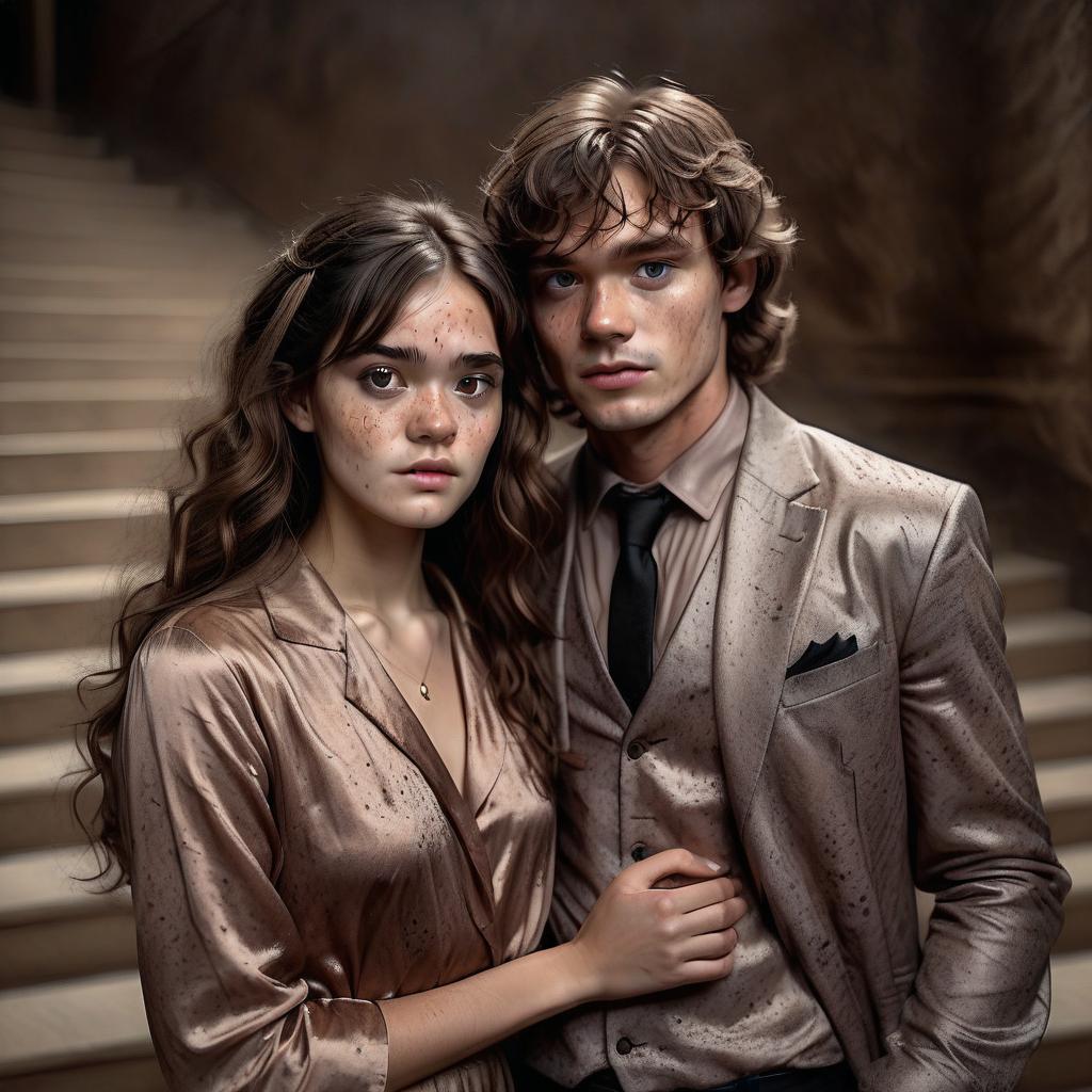  cinematic photo art, drawing, hogwarts staircase, gloomy black background, two people. serious long haired shaggy curly girl with long chocolate hair with freckles and brown eyes, she is dressed in a powdered silk dress, hugs on the stairs, the guy is dressed in a black silk shirt, black tie, robe, he has short black hair laid on a partition, a slightly curly bang falls on his forehead, black eyes, arrogant look . 35mm photograph, film, bokeh, professional, 4k, highly detailed, on parchment