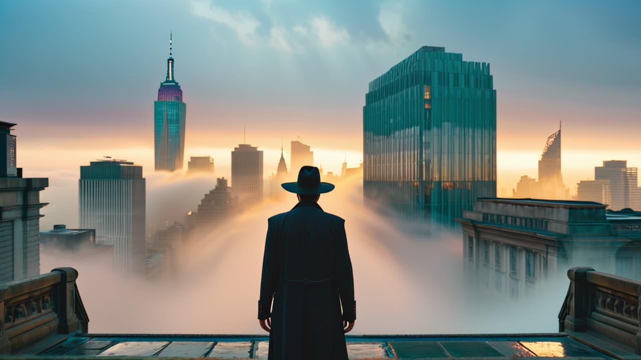  a shadowy figure stands at the edge of a misty urban landscape, surrounded by iconic city landmarks, while ghostly apparitions and whispered secrets swirl around, creating an aura of mystery and intrigue. hyperrealistic, full body, detailed clothing, highly detailed, cinematic lighting, stunningly beautiful, intricate, sharp focus, f/1. 8, 85mm, (centered image composition), (professionally color graded), ((bright soft diffused light)), volumetric fog, trending on instagram, trending on tumblr, HDR 4K, 8K