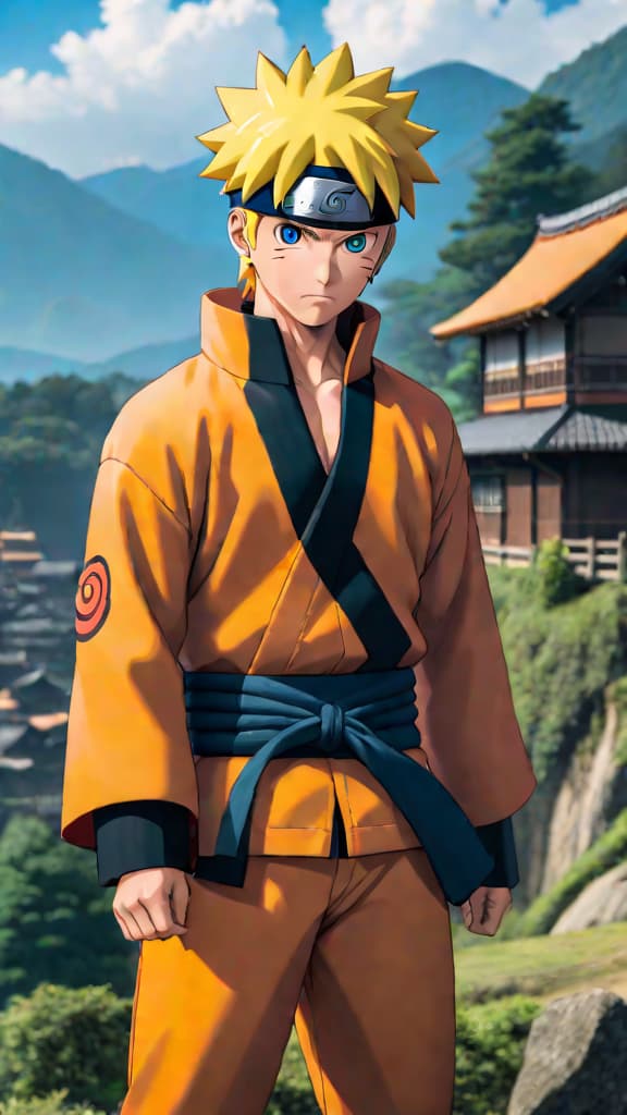  naruto uzumaki from naruto standing determined with konoha village in the background, anime art hyperrealistic, full body, detailed clothing, highly detailed, cinematic lighting, stunningly beautiful, intricate, sharp focus, f/1. 8, 85mm, (centered image composition), (professionally color graded), ((bright soft diffused light)), volumetric fog, trending on instagram, trending on tumblr, HDR 4K, 8K