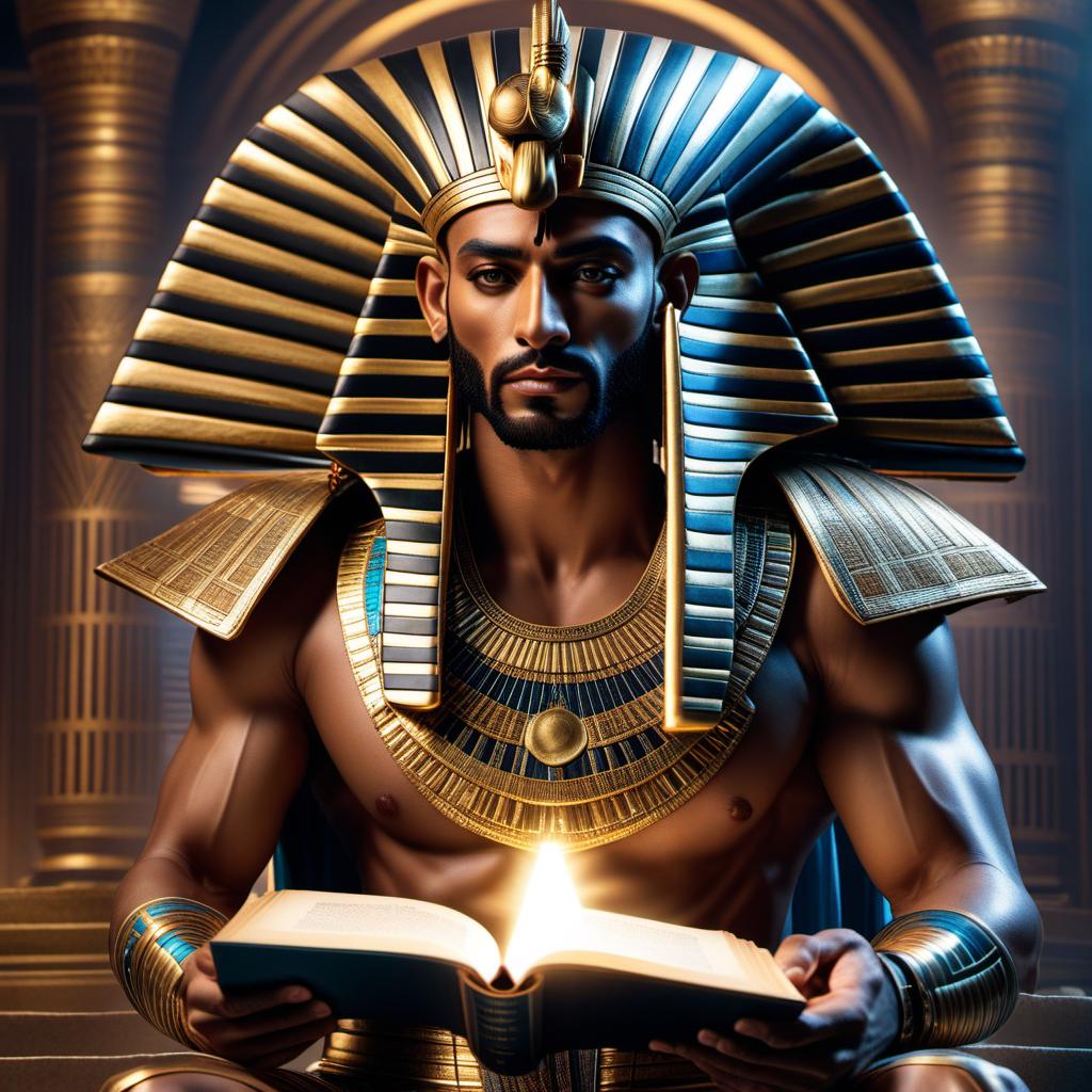  “pharaoh holding a book with light emanating from it high quality realistic image” , ((anime)) hyperrealistic, full body, detailed clothing, highly detailed, cinematic lighting, stunningly beautiful, intricate, sharp focus, f/1. 8, 85mm, (centered image composition), (professionally color graded), ((bright soft diffused light)), volumetric fog, trending on instagram, trending on tumblr, HDR 4K, 8K