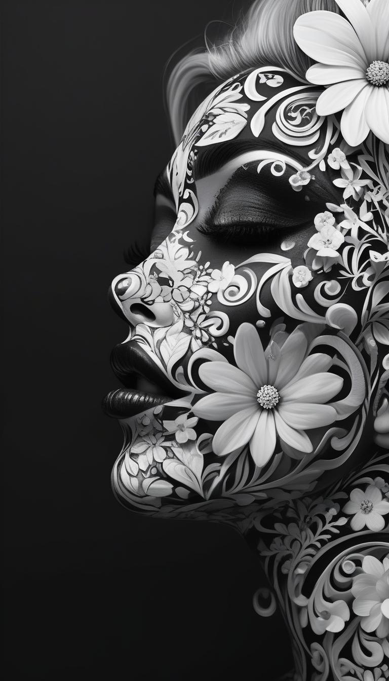  (striking black and white:1.3) digital art, featuring a (woman's face:1.2) adorned with (delicate flowers:1.3) intertwined across her features, showcasing intricate (swirly body painting:1.2). the composition highlights (ornate patterns:1.3) that flow seamlessly with her skin, capturing a (close up portrait shot:1.1) that conveys deep emotion. the artwork embodies a (dreamlike quality:1.2) reminiscent of (darek zabrocki's style:1.3), with (soft contrasts:1.1) enhancing the beauty of the (floral embellishments:1.2). the piece is designed for an (art contest:1.1) winner on behance, emphasizing (creativity and artistry:1.3).