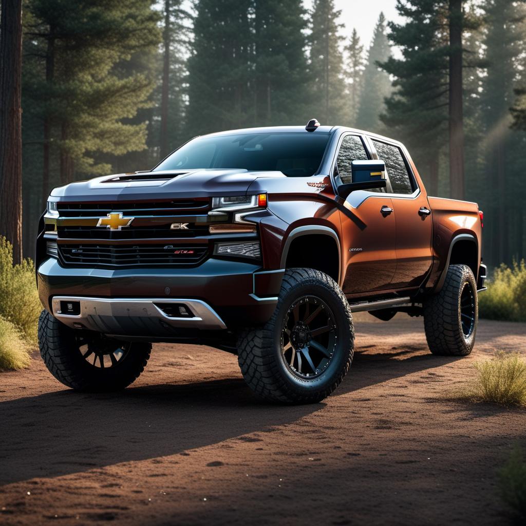  A Chevy Silverado with a 6-inch lift kit and big tires, parked in an outdoor setting. hyperrealistic, full body, detailed clothing, highly detailed, cinematic lighting, stunningly beautiful, intricate, sharp focus, f/1. 8, 85mm, (centered image composition), (professionally color graded), ((bright soft diffused light)), volumetric fog, trending on instagram, trending on tumblr, HDR 4K, 8K