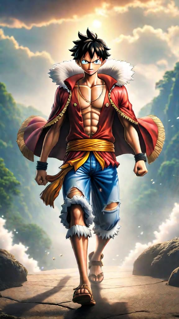  create an anime art of monkey d. luffy from one piece unlocking gear 6's god like powers. hyperrealistic, full body, detailed clothing, highly detailed, cinematic lighting, stunningly beautiful, intricate, sharp focus, f/1. 8, 85mm, (centered image composition), (professionally color graded), ((bright soft diffused light)), volumetric fog, trending on instagram, trending on tumblr, HDR 4K, 8K