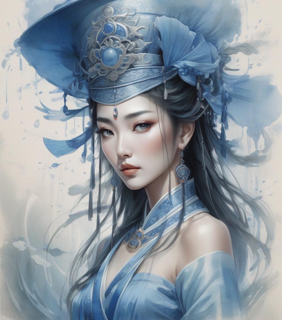  concept art a painting of a woman with a blue hat and a blue dress, ancient asian dynasty princess, ancient chinese goddess, beautiful render of tang dynasty, beautiful oriental woman, chinese art, oriental fantasy, ancient chinese beauties, ancient chinese princess, queen of the sea mu yanling, asian female water elemental, ancient china art style, by luis royo, chinese style painting, watercolor, trending on artstation, sharp focus, studio photo, intricate details, highly detailed, by greg rutkowski . digital artwork, illustrative, painterly, matte painting, highly detailed