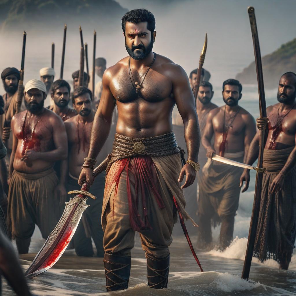  jr ntr as person of coastal region who belongs to fisherman community with d shaped sword in his hand and dead bodies around him with full of blood , ((realistic)) hyperrealistic, full body, detailed clothing, highly detailed, cinematic lighting, stunningly beautiful, intricate, sharp focus, f/1. 8, 85mm, (centered image composition), (professionally color graded), ((bright soft diffused light)), volumetric fog, trending on instagram, trending on tumblr, HDR 4K, 8K