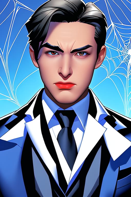  Spider-Man cartoon face in a blue ffa jacket with a tie and white undershirt with black dress shoes and black slacks