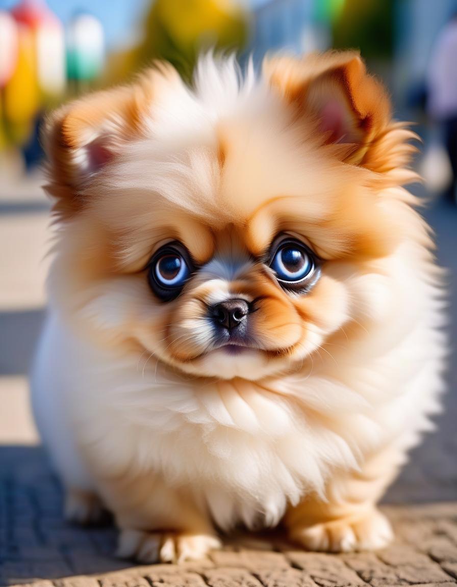  funny cute little fluffy chubby puppy with big eyes, bright colors, sunny day, pure colors