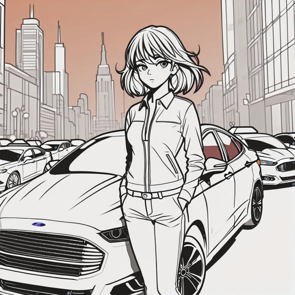  line art drawing girl and ford fusion, same nightmare. anime style . professional, sleek, modern, minimalist, graphic, line art, vector graphics