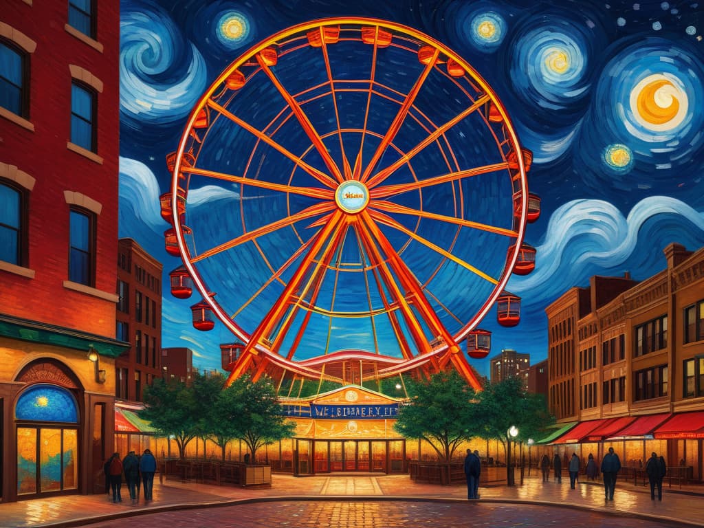  concept art chicago’s centennial ferris wheel, chicago’s navy pier, van gogh's starry starry night with colorful red and orange swirls in the beautiful night sky, chicago skyline with colorful van gogh swirls in the sky, hyper realistic, chicago skyline, mesmerizing, intricate details, flambient golden and red sunrise, dramatic lighting, epic composition, wide angle, cinematic, masterpiece, high resolution, sharp details, best quality, 4k, raw photo, van gogh influence, studio lighting, impressionist, bold colors, starry sky, architectural elements, medium format lens, high angle, cityscape, city life, metropolitan, van gogh's brushstrokes, van gogh's shadows, van gogh's colors, van gogh's textures, nighttime, city scene, streets, night