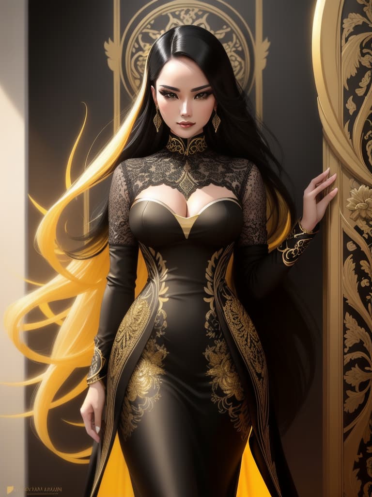  Golden yellow and sleek black color palette, captivating and inviting expression, exuding elegance and charm, magnetic beauty, intricate details, high contrast, luxurious feel, digital art, female, glossy finish, striking composition, dynamic lighting to enhance features.