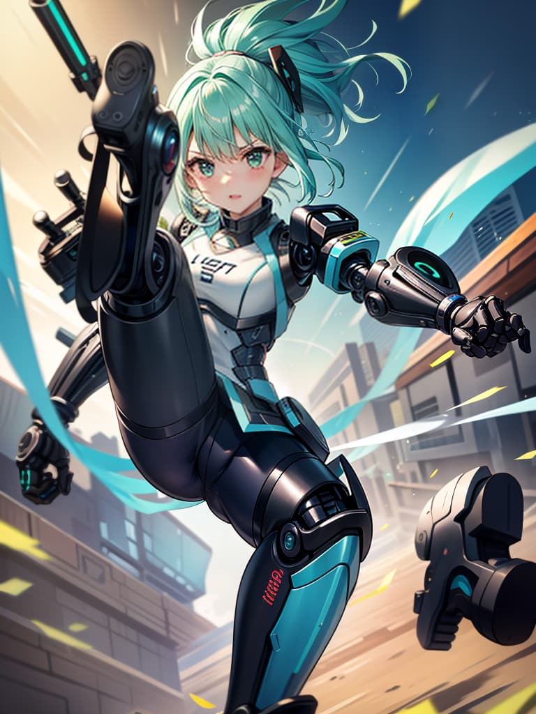  masterpiece,insanely detailed face,solo,girl,intelligence,genius,serious,cool,clear face,aqua hair,hair up,sidelocks,ring hair,humanoid,((mechanical joint)),((exoskeleton)),((mechanical legs)),green colored armor,pose,((kicking,high kick)),((incoming kick)),(standing on one leg),((outstretched foot,close up sole,blurr sole)), looking at viewer,((sense of movement,speed line,motion blurr,blurr fore ground)),