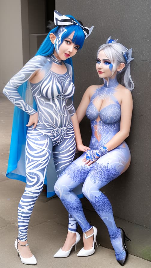  Blue and White Spider-patterned body paint in every corner of the whole body, full-body, silver body paint,Silver face paint on the face,Two elf 女性