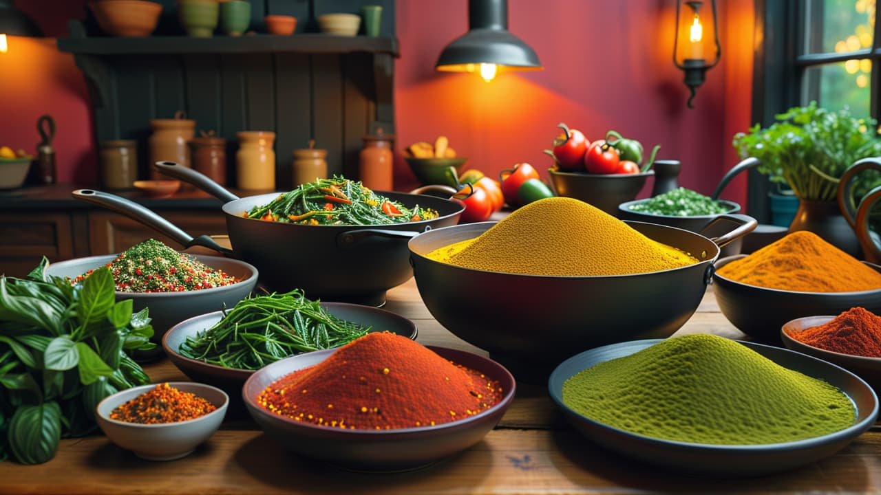  a vibrant indian kitchen filled with colorful spices, fresh vegetables, and traditional cookware. a beautifully arranged table displays an array of vegan dishes, showcasing rich textures and flavors, with lush greenery in the background. hyperrealistic, full body, detailed clothing, highly detailed, cinematic lighting, stunningly beautiful, intricate, sharp focus, f/1. 8, 85mm, (centered image composition), (professionally color graded), ((bright soft diffused light)), volumetric fog, trending on instagram, trending on tumblr, HDR 4K, 8K