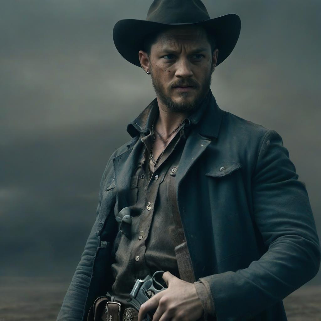  cowboy, tom hardy, full height, gloomy, with a gun